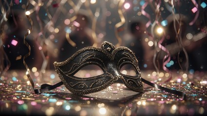 Elegant masquerade mask resting upon the festive party table, surrounded by sparkling confetti and curling streamers under warm evening lights featuring a soft celebratory background blur
