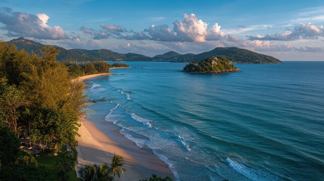 Escena de viaje y aventura: costa azul, islas verdes y panorÃ¡mica de Phuket