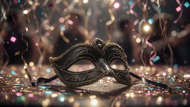 Elegant masquerade mask resting upon the festive party table, surrounded by sparkling confetti and curling streamers under warm evening lights featuring a soft celebratory background blur - Powered by Adobe