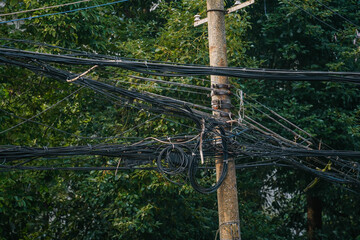 Tangled street wiring and electric cables, with green trees as backgrounds