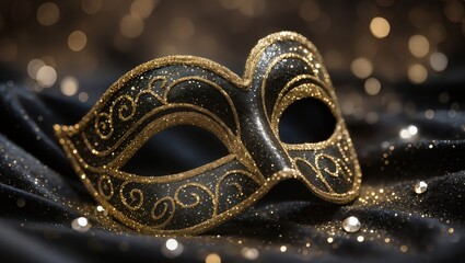 Glittering black masquerade mask upon dark satin fabric, decorated featuring golden swirls and sparkling glitter, shot at night with warm bokeh lights and an elegant festive mood