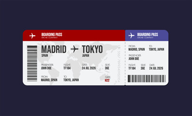 Airline ticket design. Airplane boarding pass with passenger name and destination. Travel, trip or business trip concept.