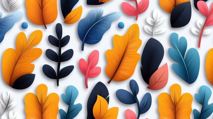 A seamless pattern of colorful leaves in various shapes and sizes, arranged on a white background.
