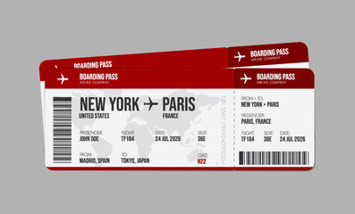 Airline ticket design. Airplane boarding pass with passenger name and destination. Travel, trip or business trip concept.