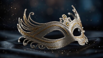 Glittering silver masquerade mask resting upon dark satin fabric, highlighted by soft evening bokeh lights, rich gold details, and the festive, elegant carnival atmosphere