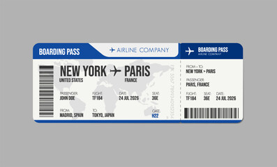Airline ticket design. Airplane boarding pass with passenger name and destination. Travel, trip or business trip concept.