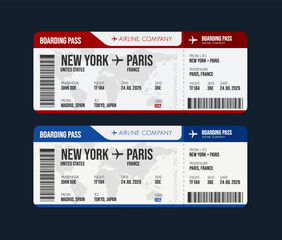 Airline ticket design. Airplane boarding pass with passenger name and destination. Travel, trip or business trip concept.