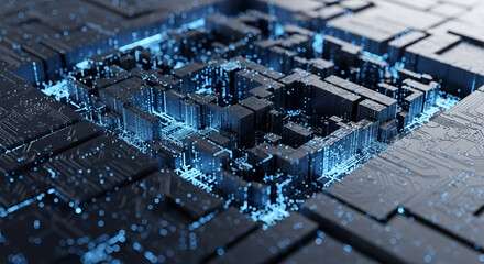 Abstract futuristic digital circuit board with glowing blue lights representing data flow and complex technology.