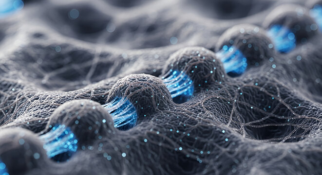 Microscopic view of cellular structures with glowing blue elements, representing scientific research and biological processes. - Powered by Adobe