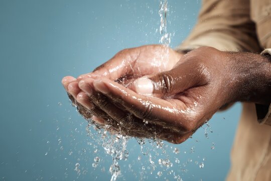 Everyday hygiene moment: hand washing with water droplets on skin in soft lighting - Powered by Adobe