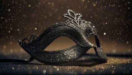 Glittering black masquerade mask resting upon the reflective surface, surrounded by warm evening bokeh lights and golden sparkles, creating a festive, elegant party atmosphere