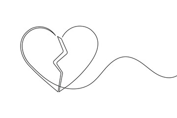 Continuous line drawing of a broken heart, illustrating sadness