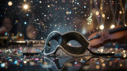 Black glitter masquerade mask upon the festive party table, surrounded by colorful confetti, musical instruments and glowing bokeh lights at night, creating an elegant celebratory mood