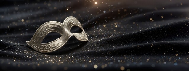 Silver masquerade mask resting upon glittering dark fabric, illuminated by warm evening bokeh lights within the festive studio setting, featuring shallow depth of field and elegant mood