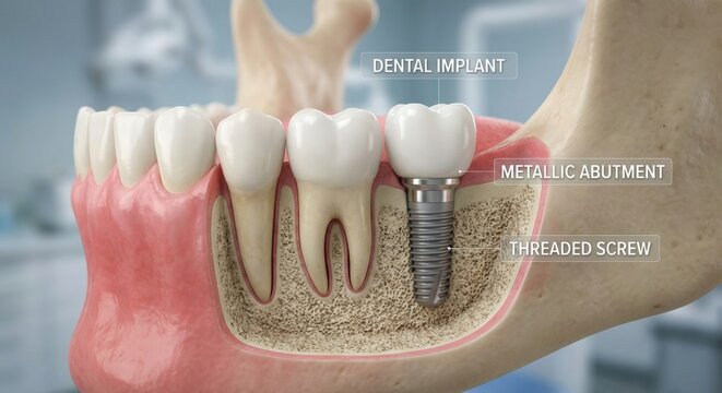 Labeled dental implant with screw and abutment shown in a detailed cross-section of the jaw, illustrating the anatomy of teeth, gums, and bone for medical education