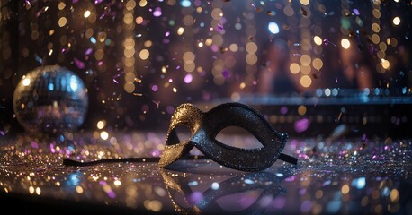 Glittering masquerade mask upon the festive party table featuring falling confetti, blurred disco ball, and warm bokeh lights within a dark nightclub setting at night, celebratory mood