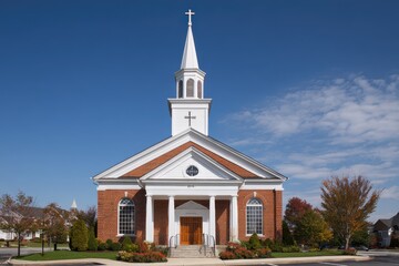 Exterior view of a white and brown Baptist church with a tall white steeple under a clear blue sky