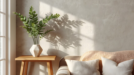 Hygge style house home room apartment design decoration wood table wall with plant and vase. Vacation scandinavian relax vibe. 