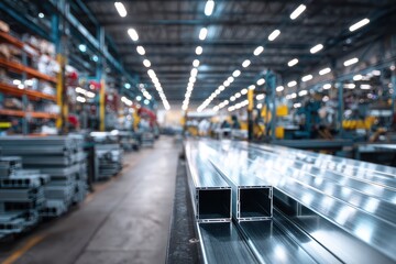 Obraz premium Extruded aluminium shapes and metallic textures showcased in an industrial factory