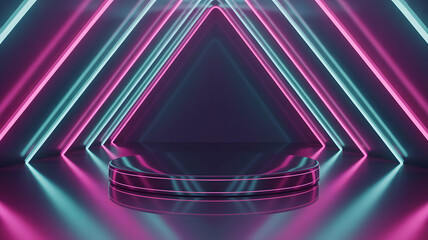 Neon Triangle Stage with Circular Platform and Reflective Floor