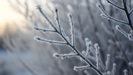 Frostcovered branches create a delicate wintry scene with detailed ice crystals on dark twigs against a blurred cold background