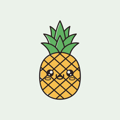 A cute cartoon pineapple with a happy face and green leaves on a light background.
