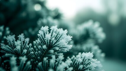 Frostcovered evergreen boughs adorned with intricate ice crystals against a soft blurred background