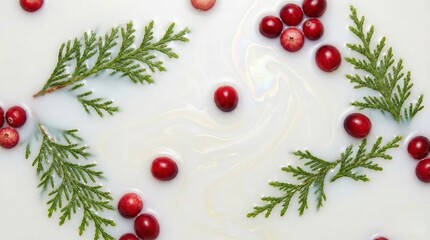Christmas Background with Cranberries and Pine Leaves
