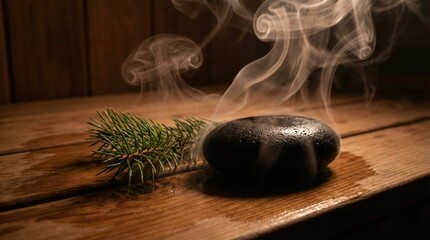 Zen Spa Setting with Hot Stone and Pine Branch