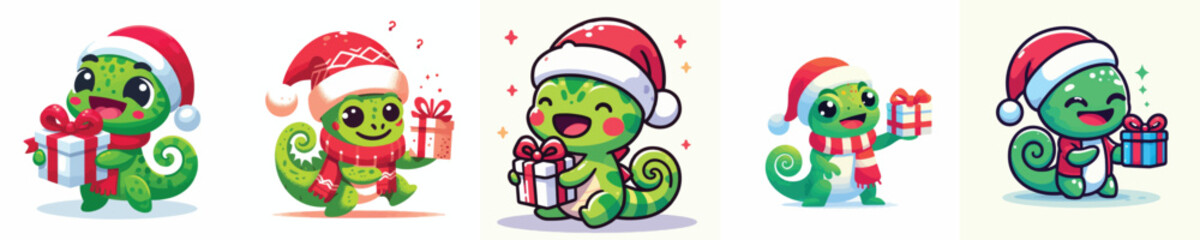 cute chameleon character vector in Christmas costume