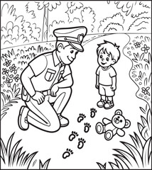 Cute police officer with uniform in flower garden vector outline illustration coloring page for kids 