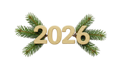 Golden 2026 numbers surrounded by pine branches isolated on transparent background