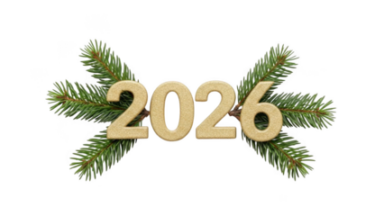 Golden 2026 numbers surrounded by pine branches isolated on transparent background