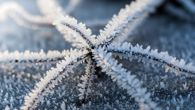 Frostcovered starshaped plant each point lined with ice crystals rests on a surface with similar frost formations