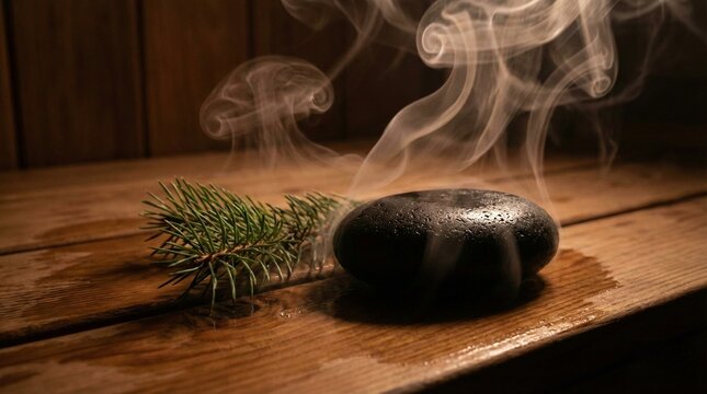 Zen Spa Setting with Hot Stone and Pine Branch