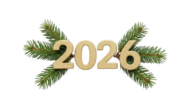 Golden 2026 numbers surrounded by pine branches isolated on transparent background