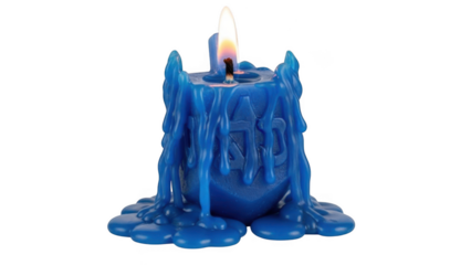 Blue dripping candle with flame isolated on transparent background