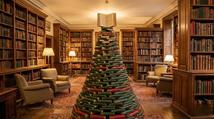 Christmas Library with Book Tree and Cozy Interior