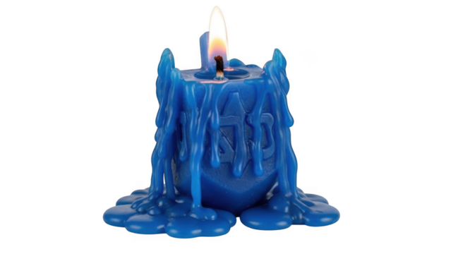 Blue dripping candle with flame isolated on transparent background
