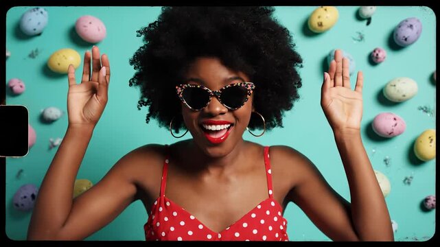 Woman laugh with big smile. She wear sunglass and lipstick. Afro hair frames vibrant portrait. Easter egg props float against turquoise wall. Polka dot dress adds playful energy. Bright studio vibe.
