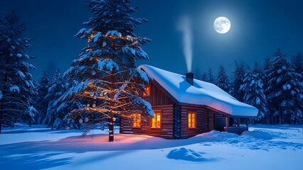 Cozy wooden cabin in snowy forest at night under full moon during winter holidays isolated PNG with Transparent Background