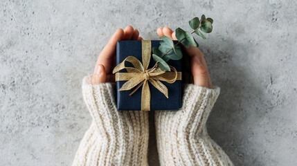 Christmas Gift with Greenery and Copy Space