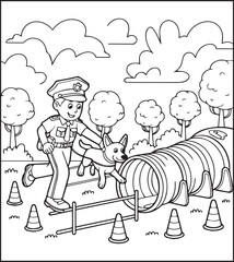 Cute police officer with uniform and doing job with a dog vector outline illustration coloring page for kids 