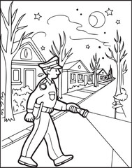 Cute police officer with uniform and doing job at night vector outline illustration coloring page for kids 