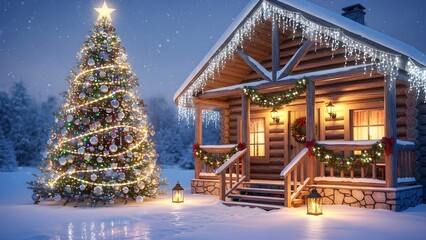 Magical winter Christmas scene with decorated log cabin and illuminated festive outdoor tree at night isolated PNG with Transparent Background