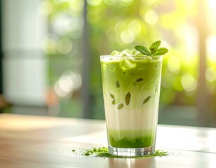 Refreshing iced matcha latte in a clear glass, garnished with a mint leaf, on a wooden table with tea powder, against a bright, blurred natural background