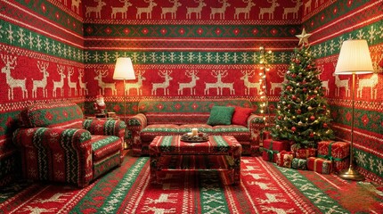 Obraz premium Christmas Living Room with Festive Decorations and Copy Space