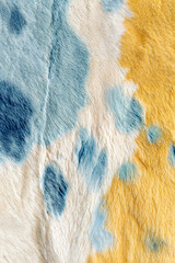 Colorful patterned cowhide rug with blue and yellow spots  