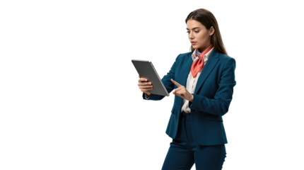 Businesswoman in Blue Suit Using Tablet