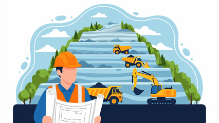 Mining Engineer Inspecting a Quarry Operation with Trucks and Excavator